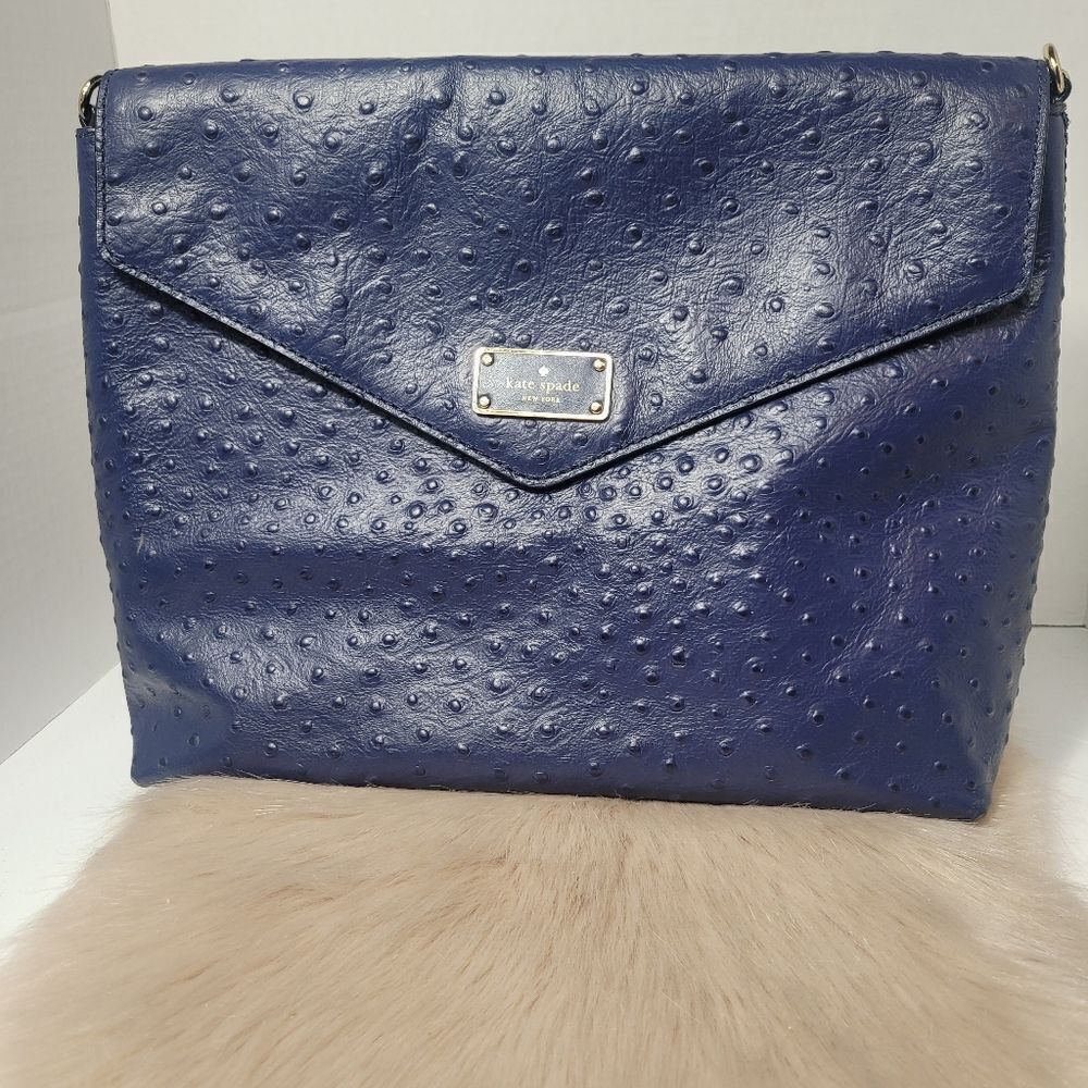 Kate Spade A La Vita Ostrich Leena Navy Blue Leather Shoulder Bag